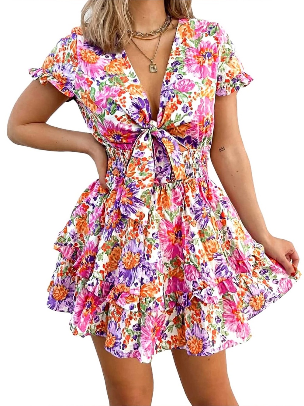 PrettyGarden Floral Tie Front Mini Dress Boho Ruffle Smocked Spring Summer